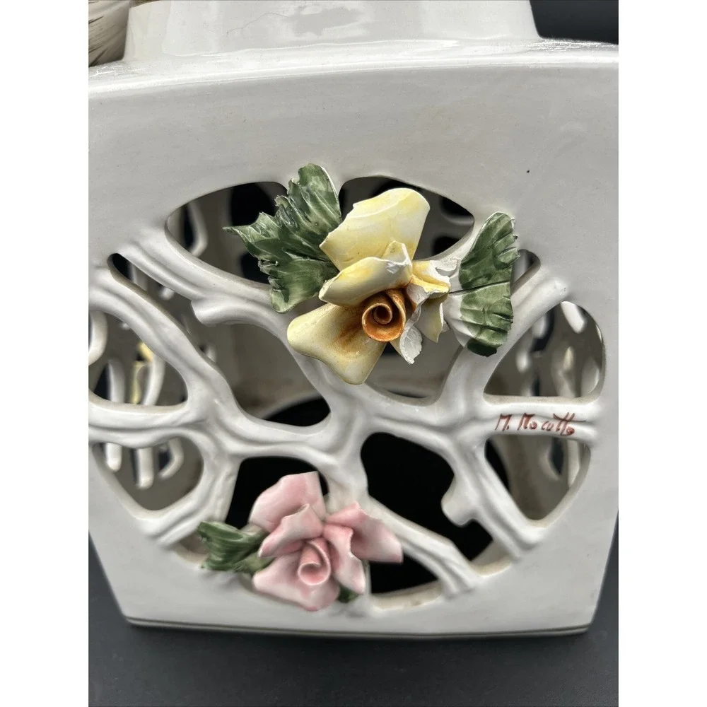 M Moretto Italy Capodimonte Raised Roses Hanging Lamp Artist Signed #821 READ